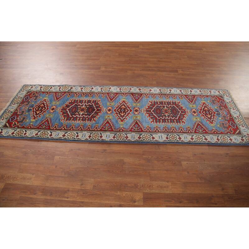 Light Blue Geometric Viss Oriental Runner Rug Hand-Knotted Wool Carpet - 2'6"x 7'9"