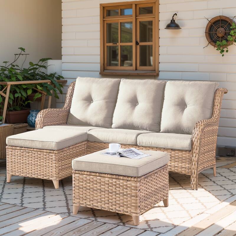 Outdoor 3-Piece Wicker Sofa Set with Ottoman - Yellow - Beige