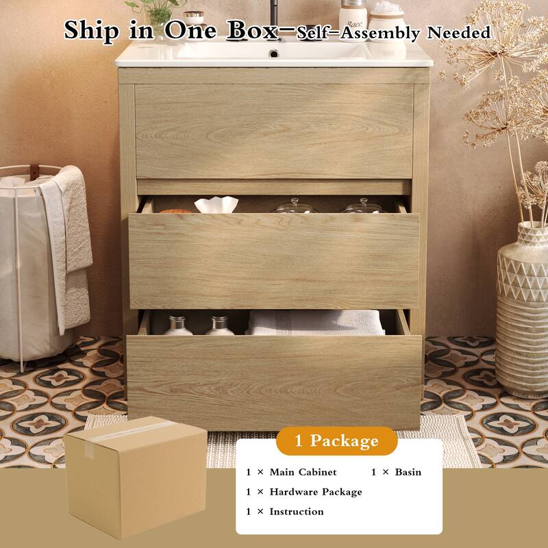 Compact 30" Bathroom Vanity Set - Ceramic Vessel Sink & 2 Soft-Close Drawers, Freestanding Design with 45° Handle-Free Cabinetry