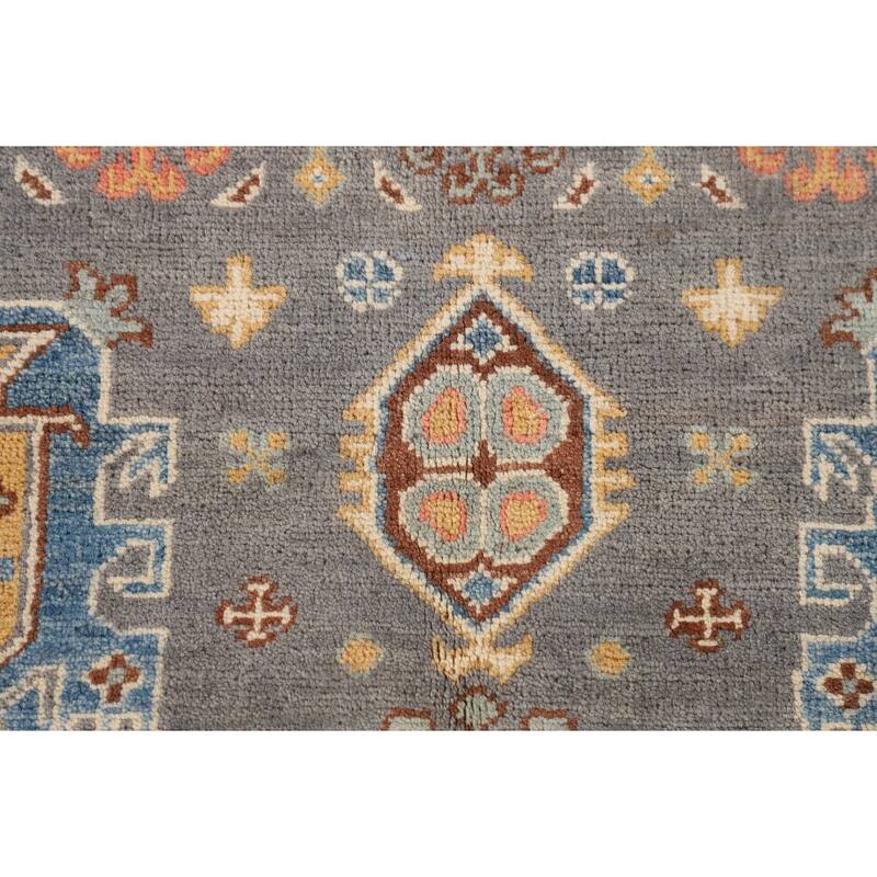 Traditional Kazak Oriental Area Rug Hand-Knotted Grey Wool Carpet - 4'1" x 6'2"