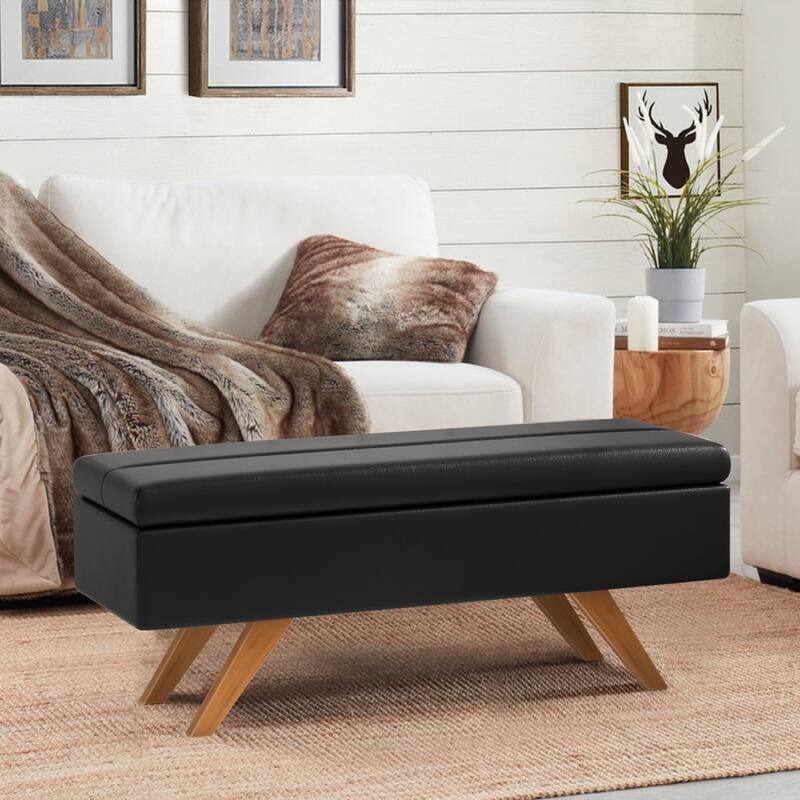 VECELO Black PU Leather Storage Bench 2 Styles with 4-Leg/Angled Legs Multifunctional Ottoman with Hinged Lid for Bedroom - Black