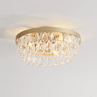 Viviana Brushed Champagne Silver Crystal Teardrop 3-light Flush Mount - 15 inches in diameter x 7 inches H
