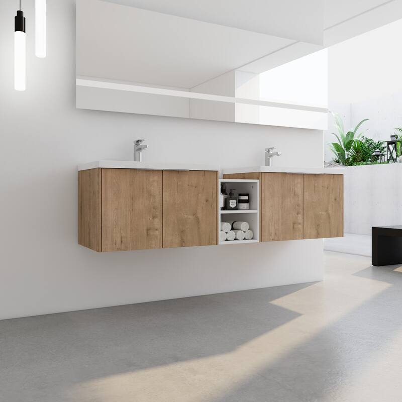 Wall Mounted Bathroom Vanity with Double Doors, Resin Sink, Eco-Friendly Plywood, Soft Closing Hinges - 71.1in L Plywood