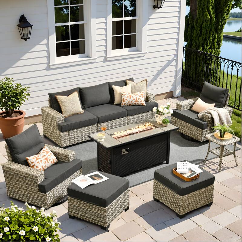 XIZZI 9-Piece Outdoor Patio Furniture Swivel Chair Set with Fire Pit - Black