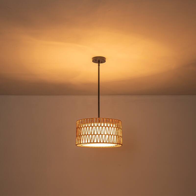 Farmhouse 1-Light Drum Pendant Light with Woven Shades - Black