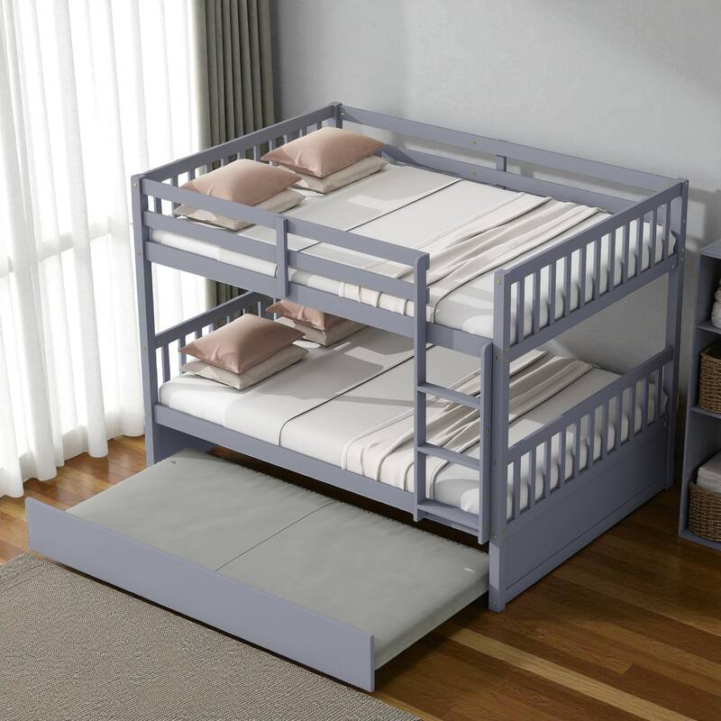 Full Over Full Rubber Wood Bunk Bed with Trundle, Convertible into Two Full Beds, Ladder and Guardrails Included