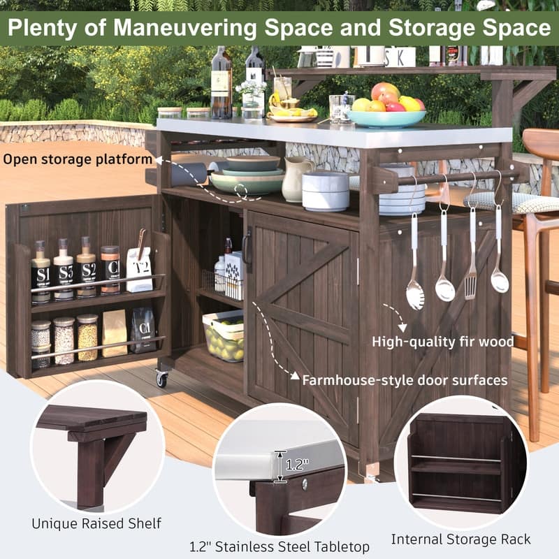 Outdoor Kitchen Island, Solid Wood Storage Cabinet with Stainless Steel Top and Lockable Wheels