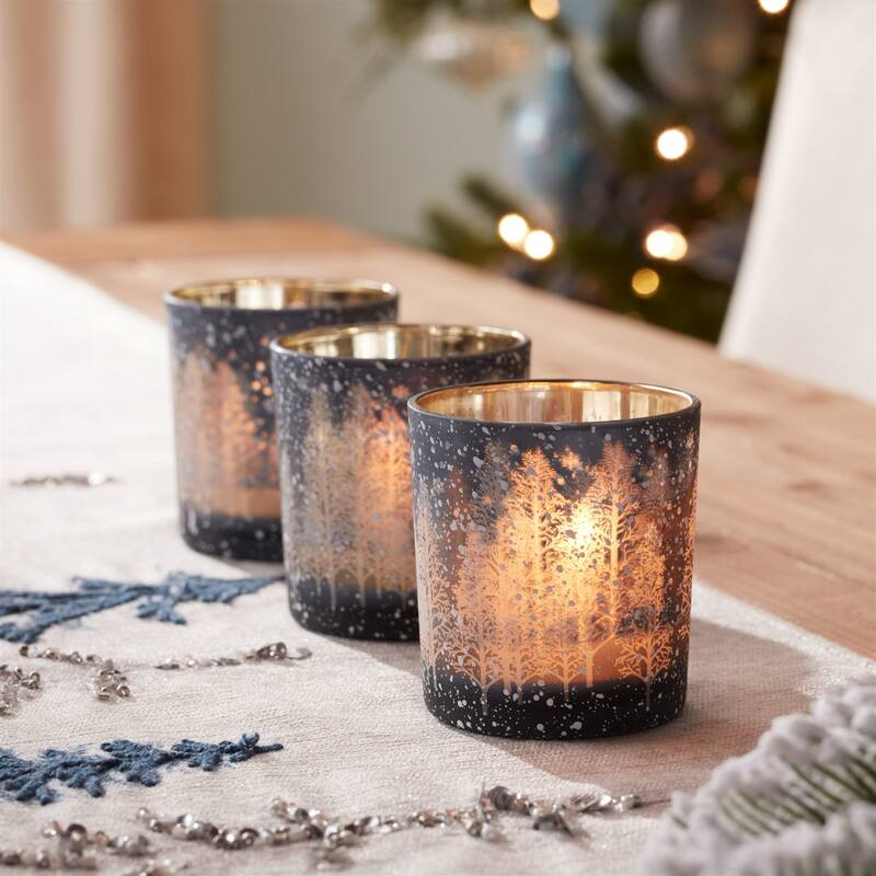 Pine Tree Glass Votive Candle Holders - 3" - Gray - Set of 3