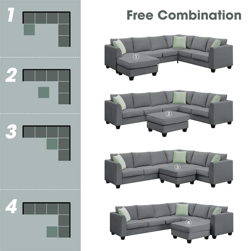 L Shape Sectional Sofa Couches 7 Seats with Ottoman and 3 Pillows