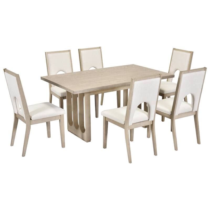 Wood Dining Table Set for 6, 1 Dining Table & 6 Upholstered Chairs