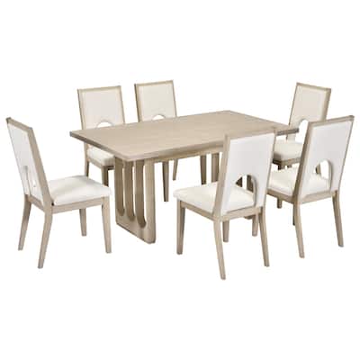 Wood Dining Table Set for 6, 1 Dining Table & 6 Upholstered Chairs