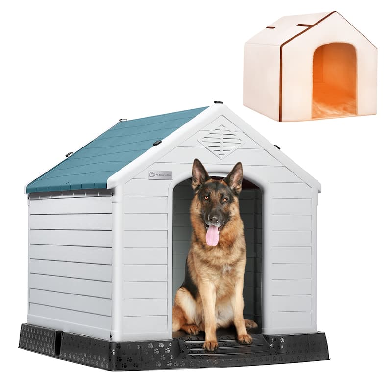 BOSSIN Insulated & Waterproof Dog House, Indoor/Outdoor Puppy Shelter with Elevated Floor & Liner for All Size Dogs - Blue