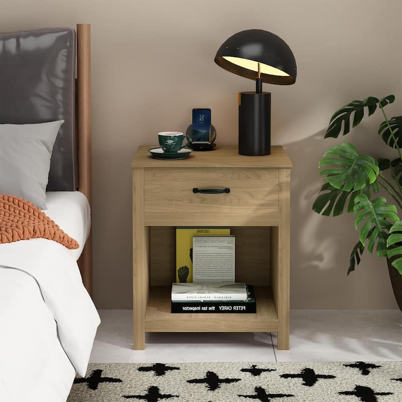 Wood Nightstand with Drawer and Open Shelf, Modern Bedside Table with Storage, Wooden End Table for Bedroom