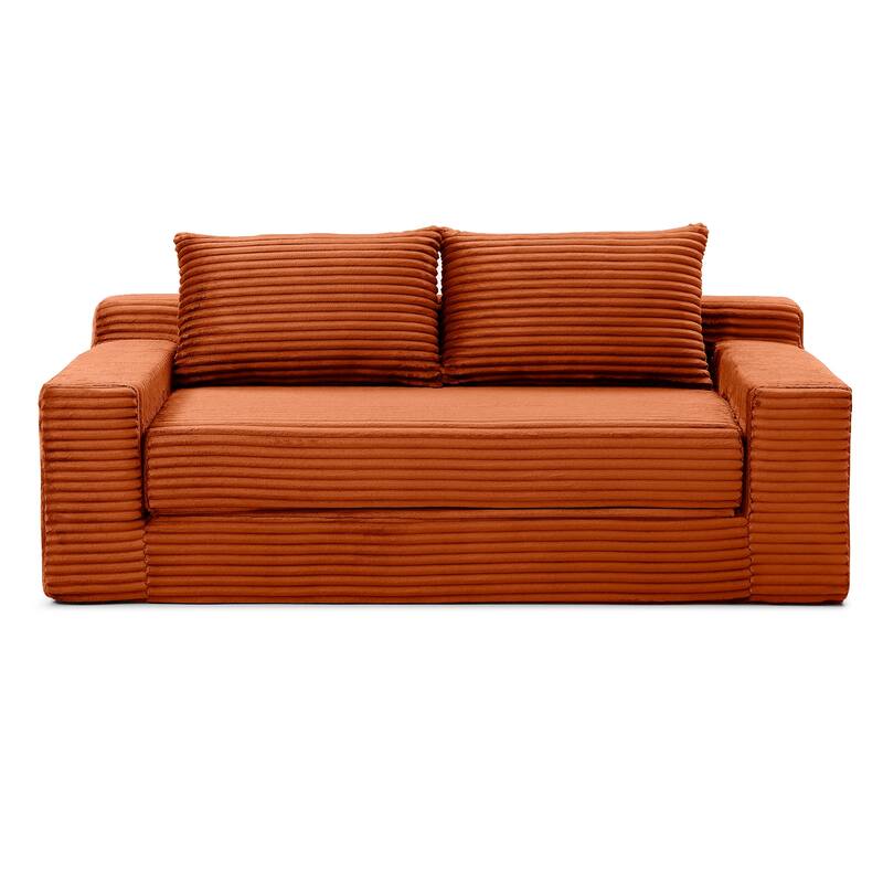 Orange Floor Sofa Couch Convertible Sofa Bed with Storage Pockets, Boneless Pull-Out Sofa Bed for Living Room