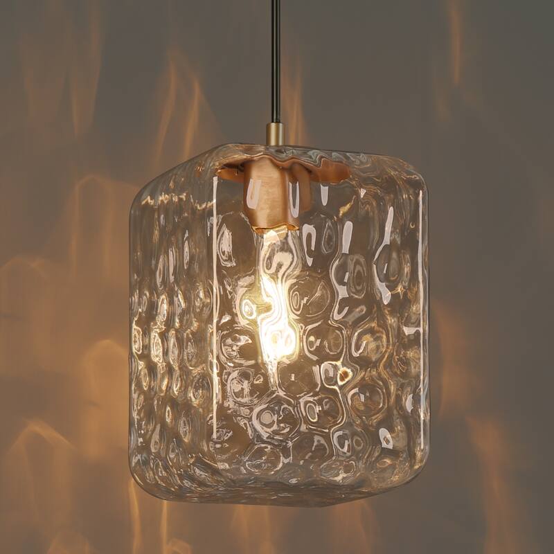 Modern 1-Light Black Gold Pendant Light Fixture Textured Glass Rectangular Shade Kitchen Island Light for Dining Room