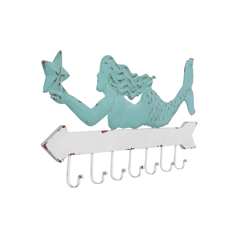 Aqua and White Metal Mermaid Wall Decor with 7 Hooks