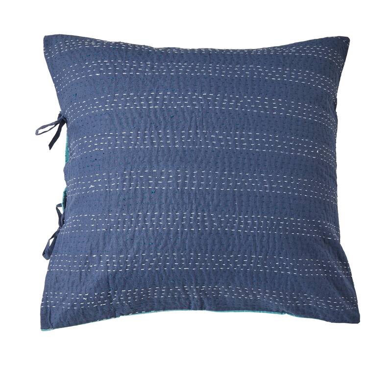 Melange Hand Craft Kantha Collection Soild Reversible Coverlet and Sham - Blue Euro Sham Set - Full - 2 Piece