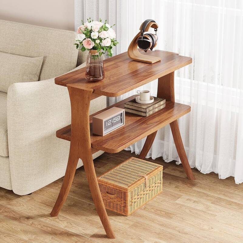 25.2"Narrow Side Table -2-Tier Small Farmhouse End Table with Solid Wood Legs, Space-Saving Furniture with Storage Shelf - Walnut