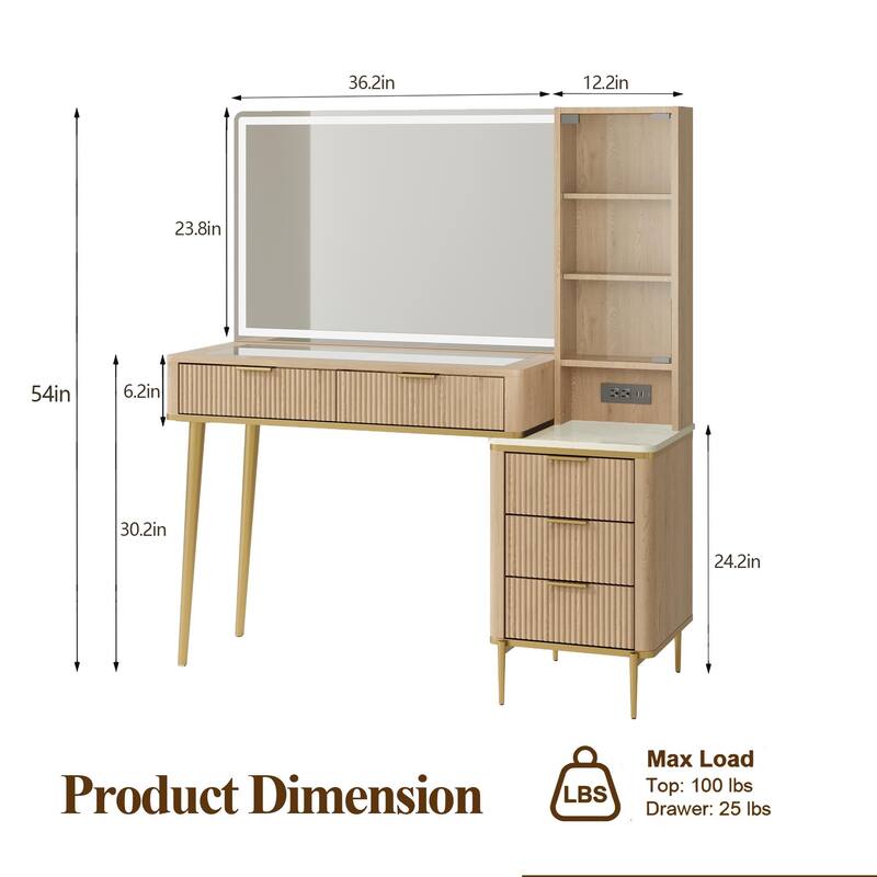 Modern Fluted Makeup Vanity Desk with Lighted Mirror, Dressing Table