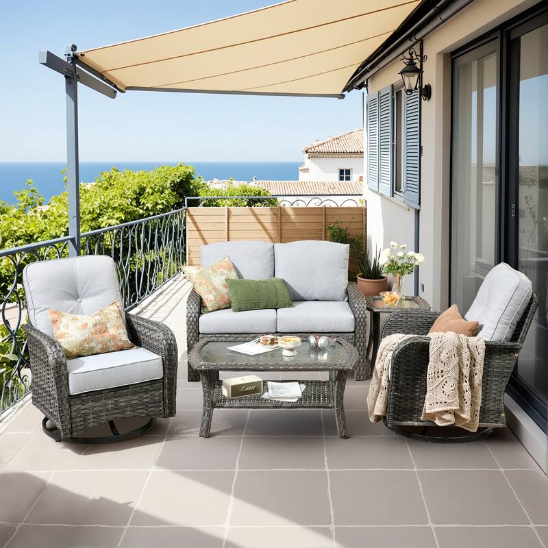 HOOOWOOO 5-piece Grey Wicker Furniture Chat Set Patio Conversation Set with Swivel Chair - Grey