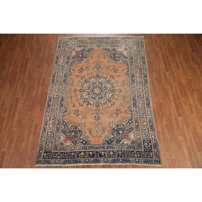 Hand Knotted Oriental 100% Wool Carpet Traditional Medallion Oranges & Rust Mashad Area Rug - 9' 4'' X 6' 4''