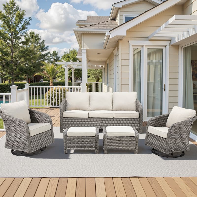 Pocassy Outdoor Patio Furniture Wicker Sofa Chair Set - Light Grey Wicker Beige Cushion - 5 Pieces Sofa Swivel Chair with Ottoman