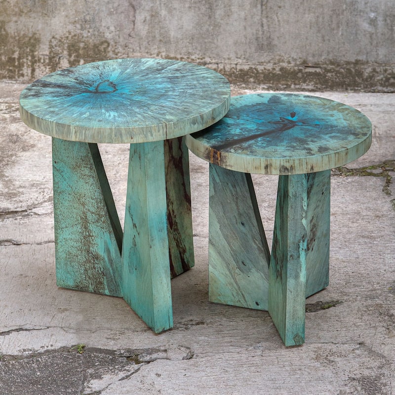 Set of 2 Blue and Green Distressed Round Nesting Tables 22"