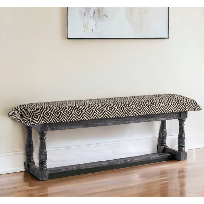 HomeRoots 56" Black and White and Gray Upholstered Cotton Blend Trellis Bench - 56 - 56