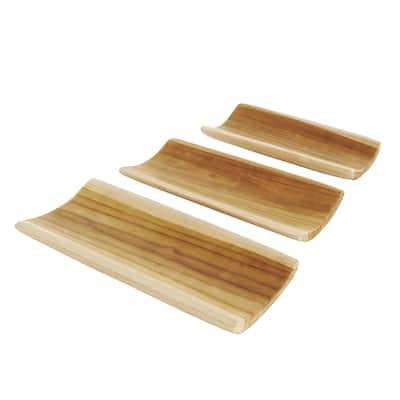 Teak Wood Handmade Minimalistic Curved Living Room Decor Tray - Set of 3 Brown - Roche River Decor