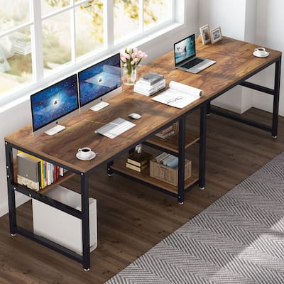 78.7" Two Person Desk with Bookshelf, Office Double Desk for Two Person