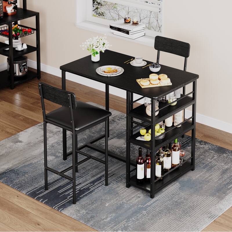 3 Piece Counter Height Bar Kitchen Table Set with 3 Storage Shelves for Apartment - Black