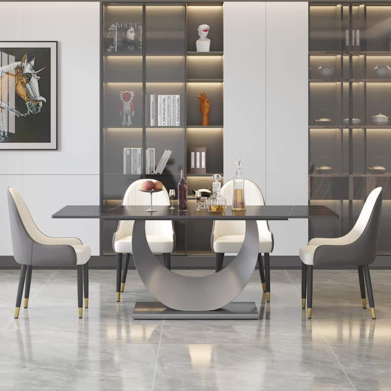 79" Marble Dining Table for 10, Modern Rectangle Kitchen Table with U Shape Pedestal Base