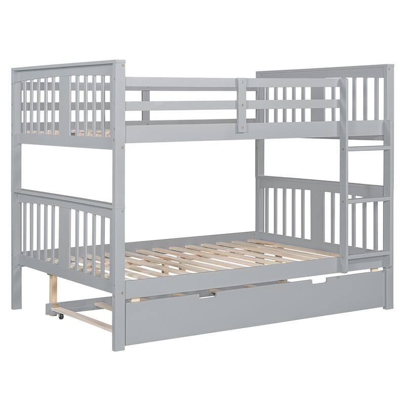 Full over Full Bunk Bed with Twin Size Trundle and Ladder-Gray