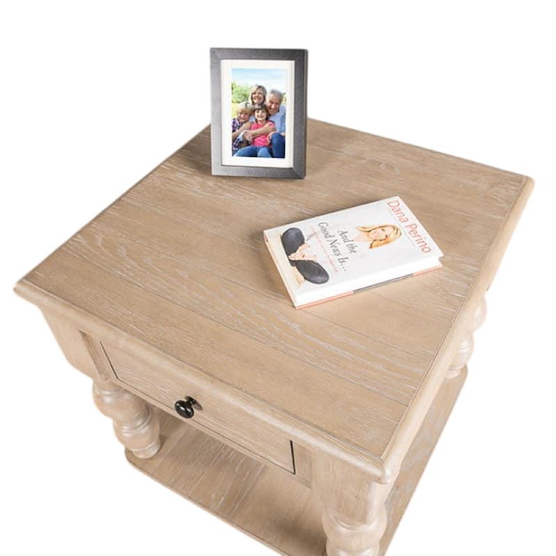 Cherie Square End Table, 1 Drawer, Shelf, Light White Wash, 24 Inch