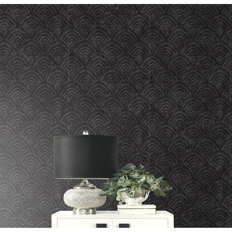 Seabrook Designs Koi Confucius Scallop Unpasted Wallpaper - 20.5 in. W x 33 ft. L - Ebony and Metallic Mocha
