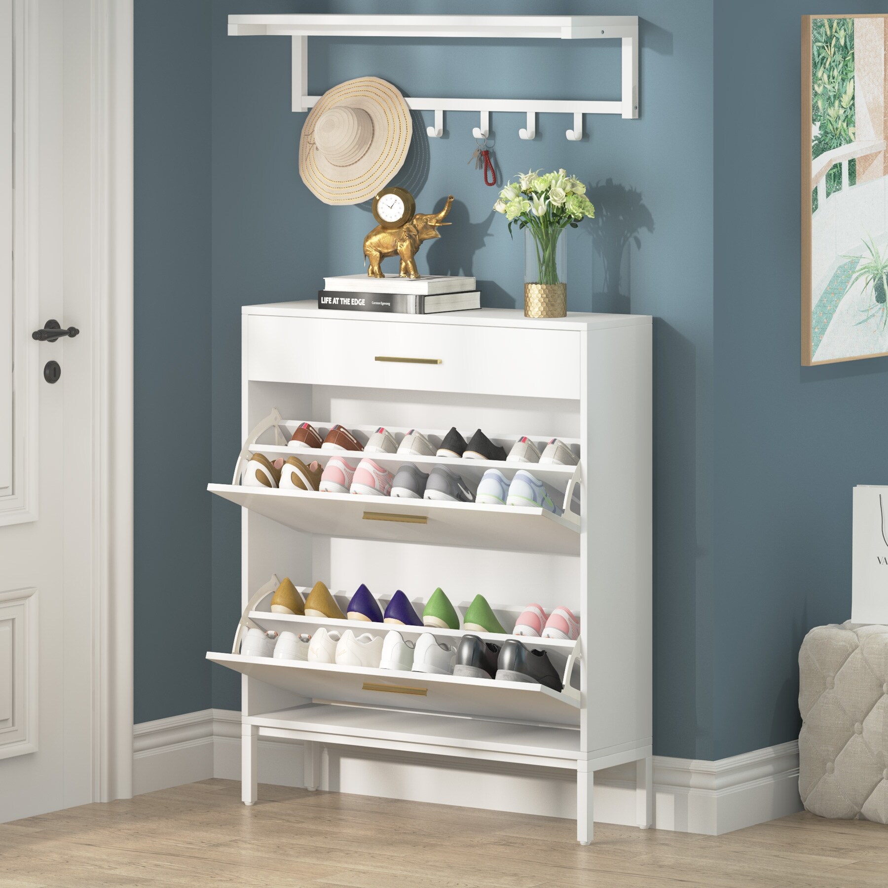 Modern Flip Drawer Shoe Cabinet Wall Mounted Coat Rack Set 16 Pair White 3 Drawers Narrow Shoe Rack Storage Organizer