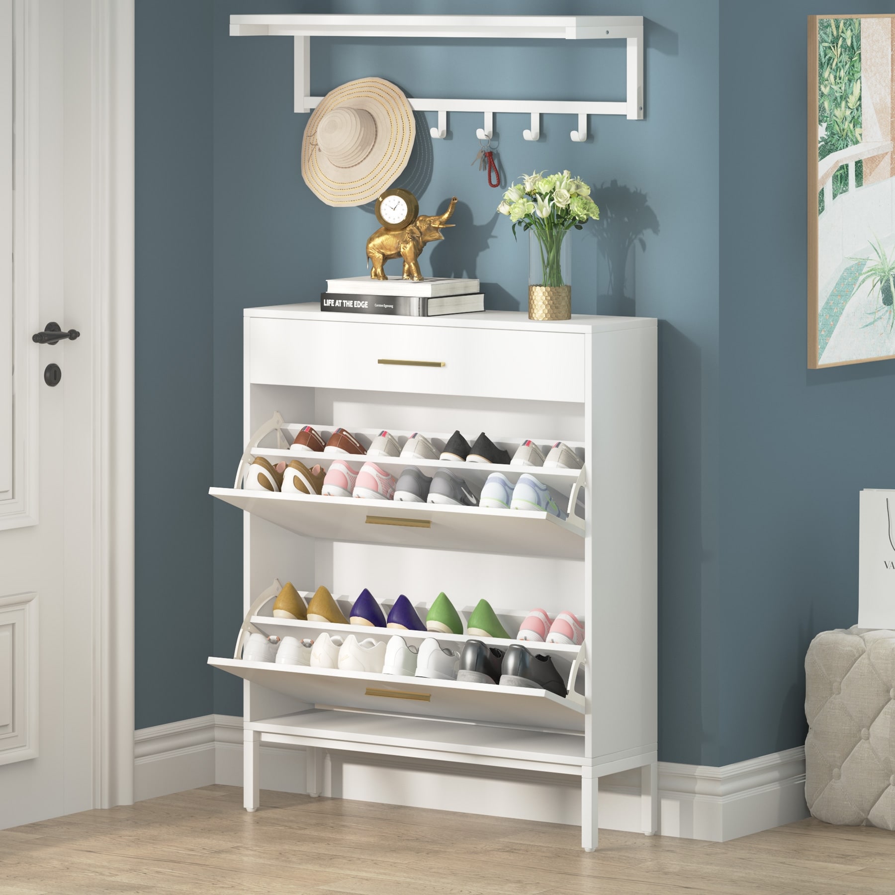 Flip Drawer Shoe Cabinet Wall Mounted Coat Rack Set 30 wide