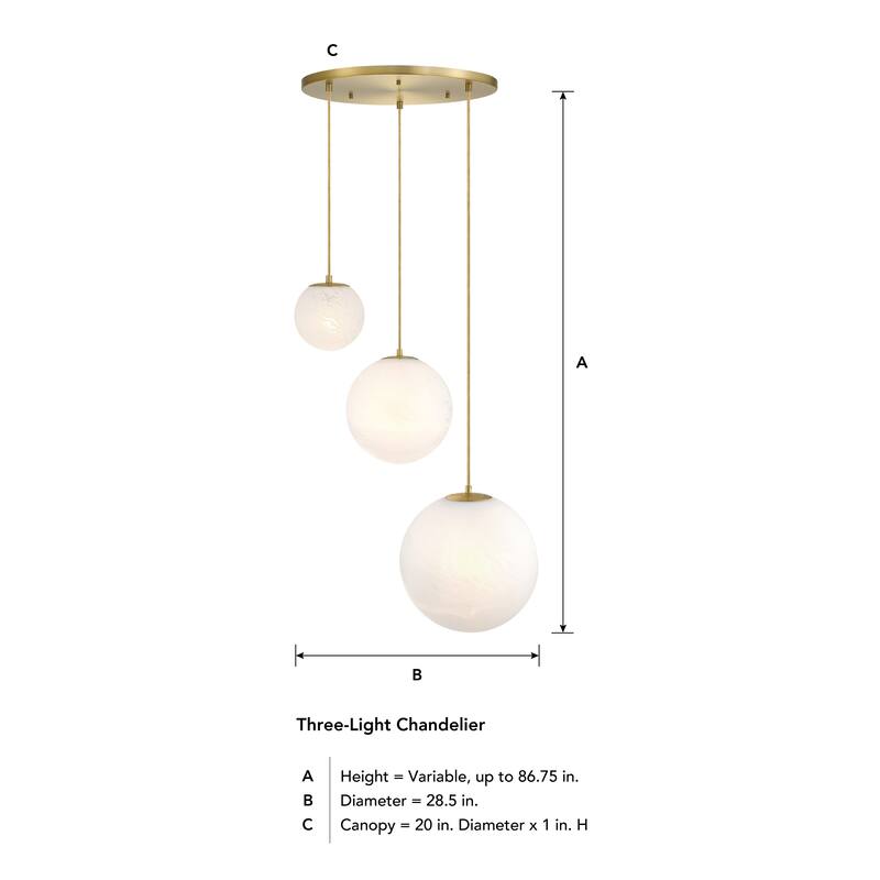 Pixie 3-Light Brushed Gold Modern Globe Chandelier for Entryways with Mixed-Size Etched Cloud Glass Shades - 28.75