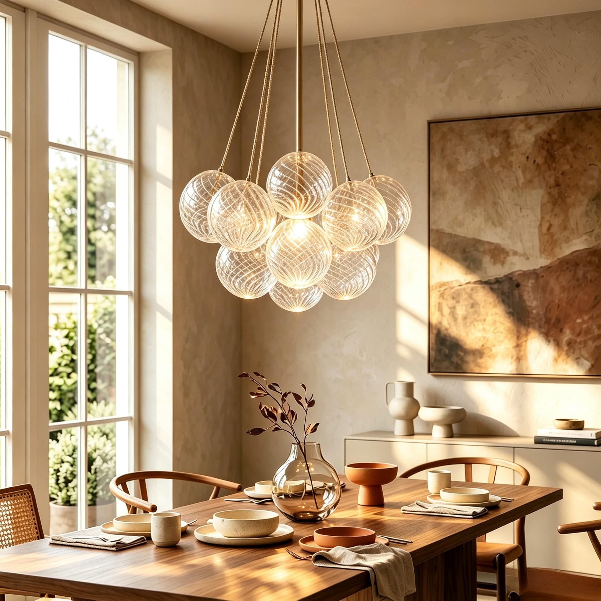 Rennnsan 1-Light Modern Glass Globe Chandelier with 12 Clear Textured Glass Shades for Dinning Room - 45.1 in. W x 20 in. H