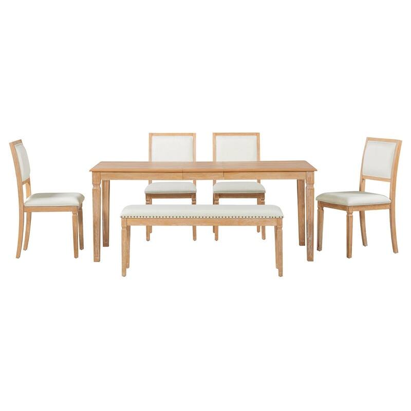 Rustic Farmhouse Extendable Dining Table Set for Six with Four Chairs and Bench for Cozy Gatherings