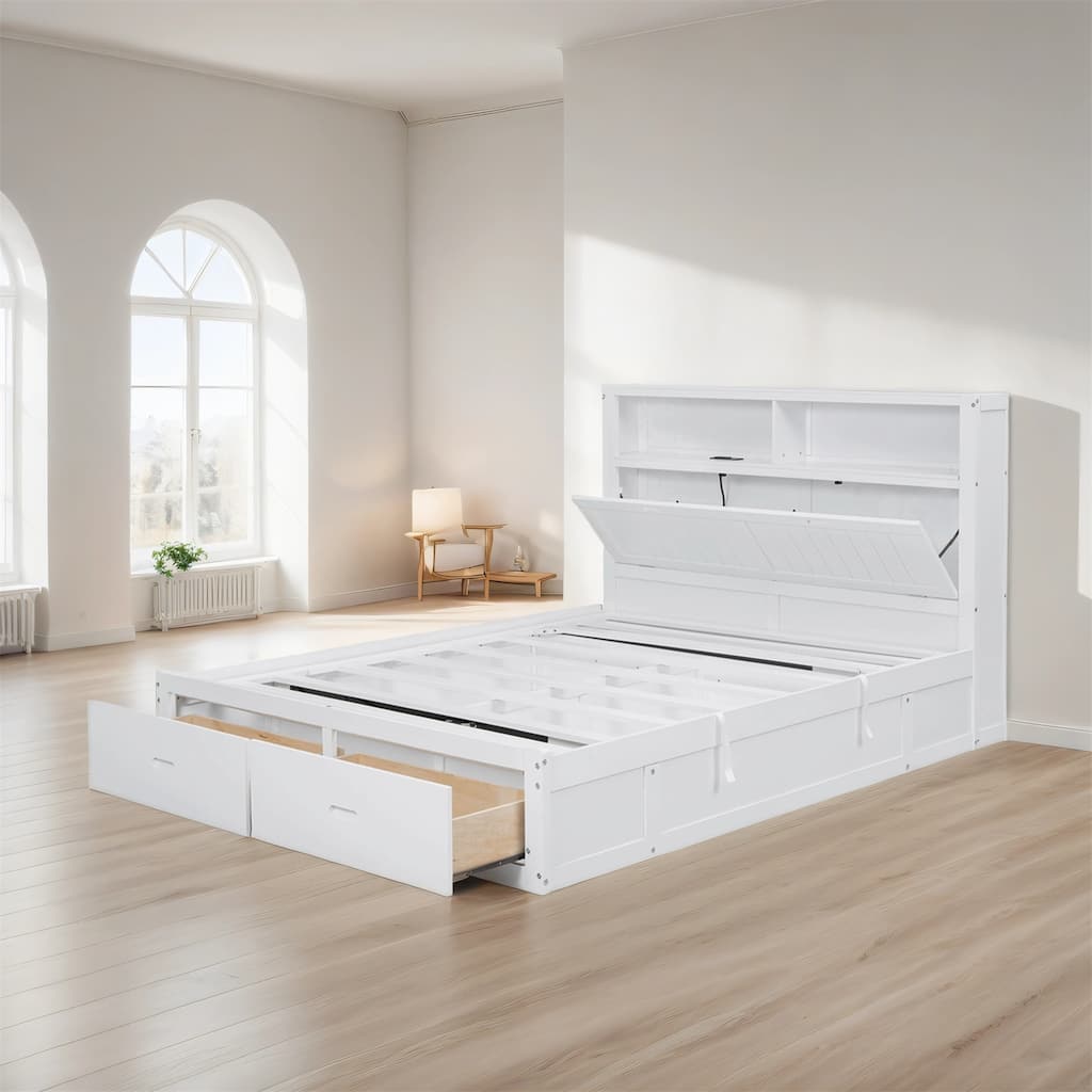 Wood QueenSize Hydraulic Platform Bed w/LED Headboard,Charging Station