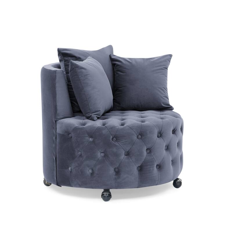 Roomfitters Velvet Swivel Chair with Tufted Button Design, Round Accent Chair with 3 Pillows and Wheels, Lounge Seating