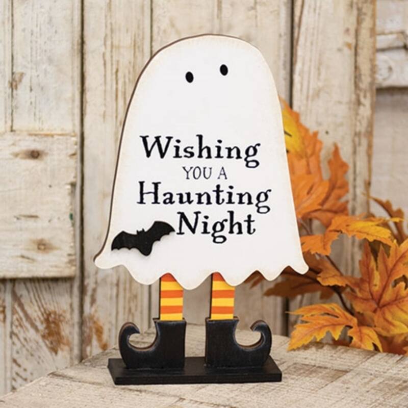 Freestanding Halloween Wooden Ghost Decor with Layered Cutout Design “Wishing You a Haunting Night” - 10.5" H x 5" W x 2" D