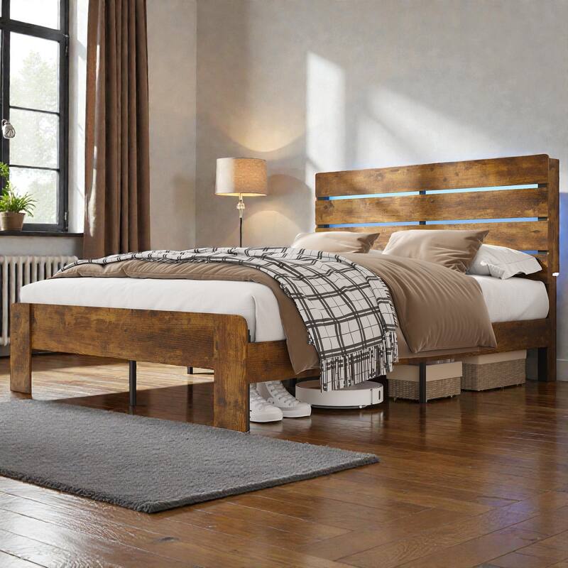 Metal Bed Frame with Headboard and Footboard, LED Lights, Charging Station, Under Bed Storage, No Box Spring