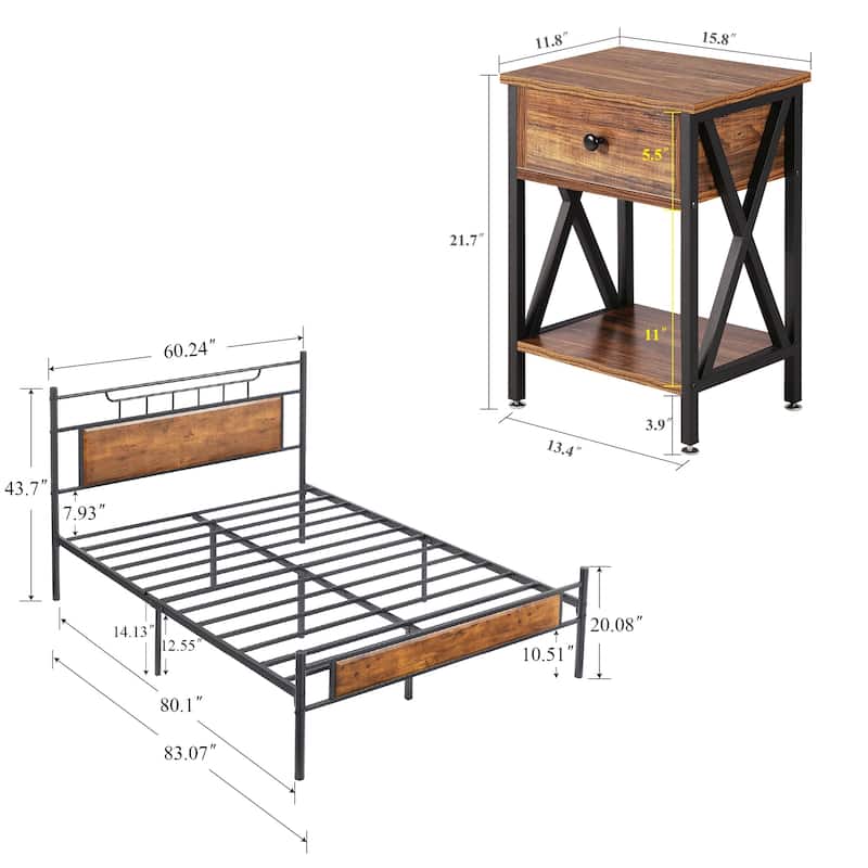 Taomika Mid Century 3-Pieces Bed and Nightstands Sets