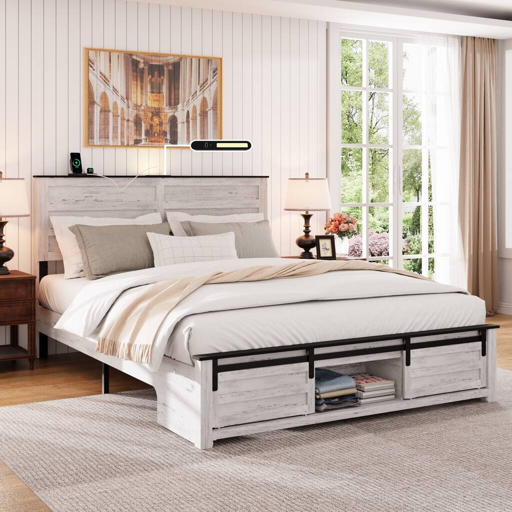 Full Bed Frame with Upholstered Headboard and Wood Platform, Storage Headboard with Charging Station and LED
