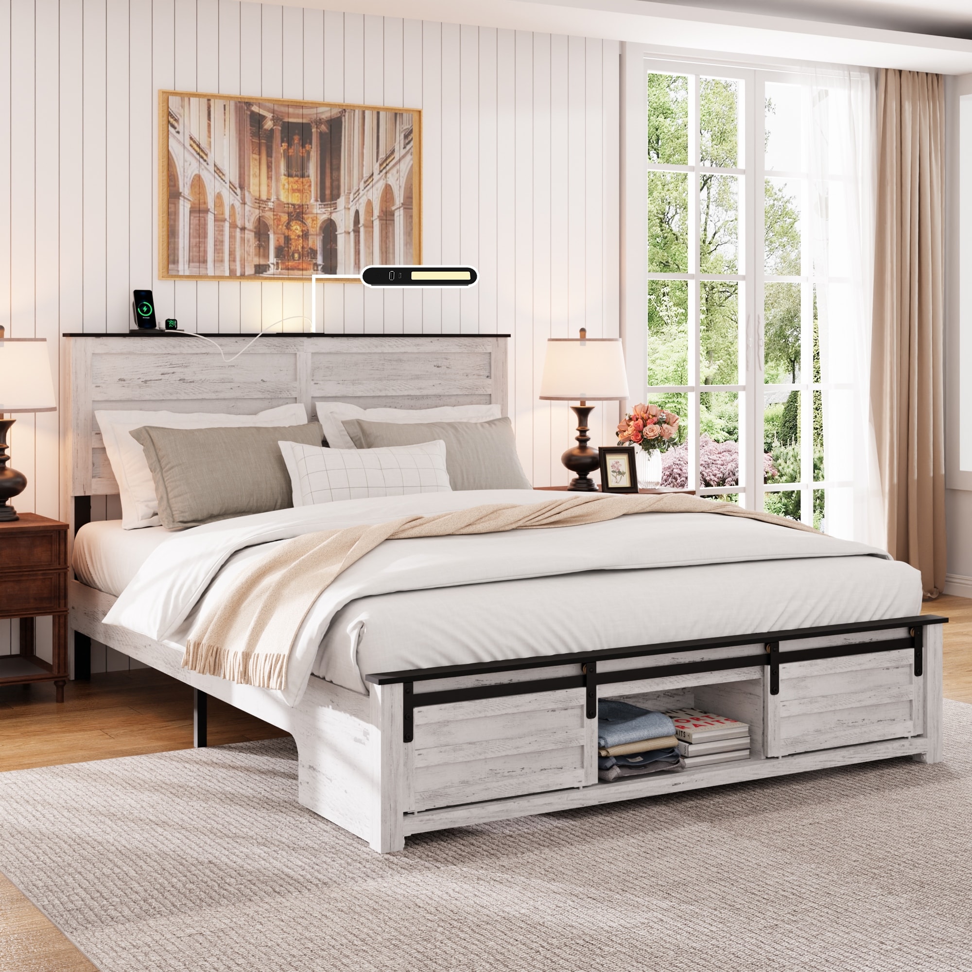 Queen Bed Frame with Upholstered Headboard and Wood Platform, Storage Headboard with Charging Station and LED