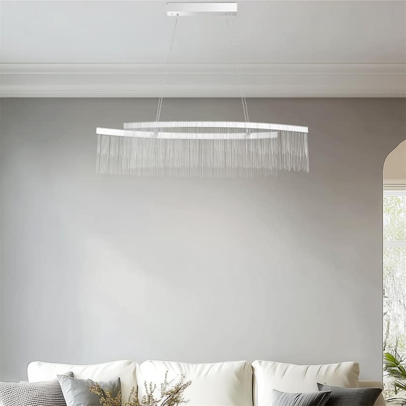 Modern LED Tassel Linear Chandelier Luxury Silver Pendant Light Home