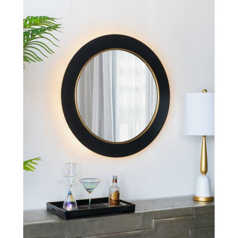 LED Lighted Round Wall Mirror - 31.5" - Black and Gold