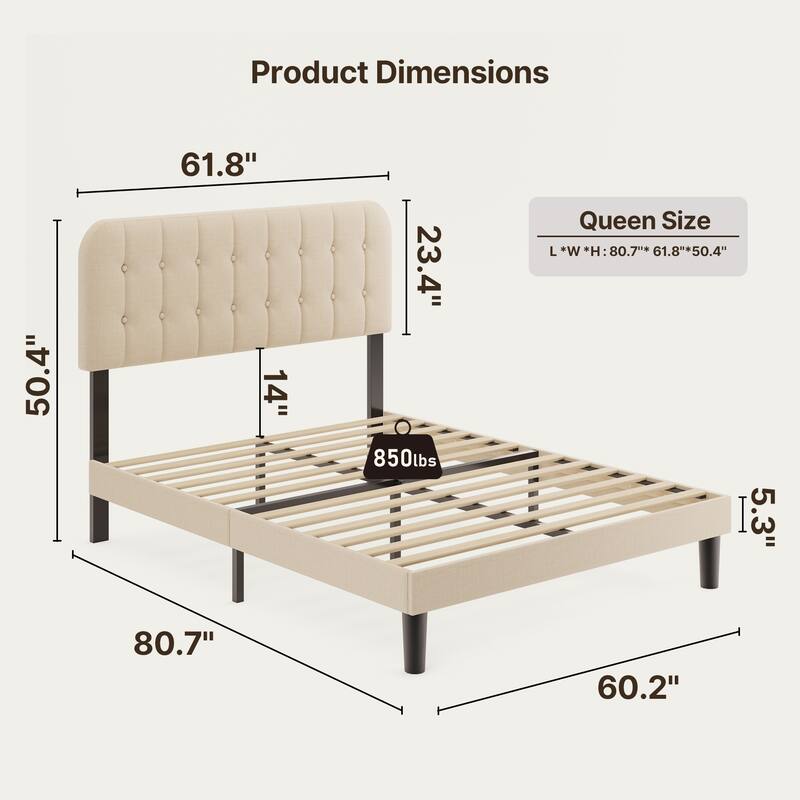 Full / Queen / King Bed Frame with Headboard, Upholstered Platform Bed with Sturdy Wooden Slats